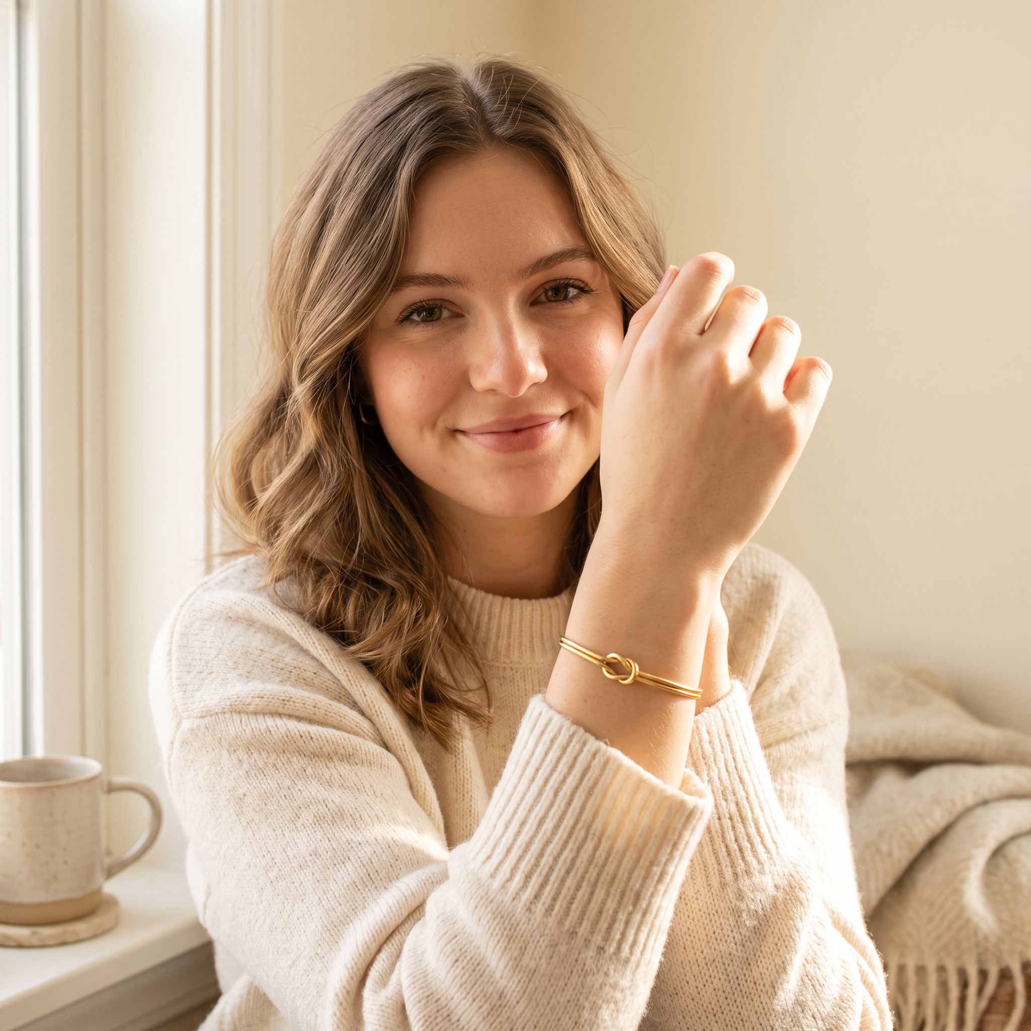 Miravelle customer Ashley wearing the gold knot bracelet